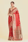Buy_Samyukta Singhania_Red Brocade, Silk Zari V-neck Banarasi Saree Set _at_Aza_Fashions