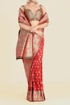 Shop_Samyukta Singhania_Red Brocade, Silk Zari V-neck Banarasi Saree Set _Online_at_Aza_Fashions