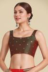 Shop_Samyukta Singhania_Red Zari, Embroidery Square Neck Banarasi Silk Saree Set 
