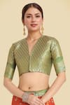 Shop_Samyukta Singhania_Orange Embroidery V-neck Banarasi Tissue Silk Saree Set 