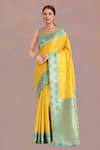 Buy_Samyukta Singhania_Yellow Embroidery Square Neck Banarasi Tissue Silk Saree Set _at_Aza_Fashions