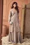Tasuvure Indes_Brown Net Sequins Round Neck Tunic And Flared Skirt Set _Online_at_Aza_Fashions