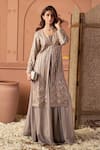 Shop_Tasuvure Indes_Brown Net Sequins Round Neck Tunic And Flared Skirt Set _Online_at_Aza_Fashions