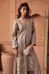 Buy_Tasuvure Indes_Brown Net Sequins Round Neck Tunic And Flared Skirt Set 