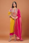 Buy_Debyani + Co_Mustard Silk Embroidery Round Neck Yellow Kurta Set _at_Aza_Fashions