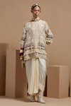 Buy_ASEEM KAPOOR_Beige Organza Beads Mandarin Collar Mogra Resham Embroidered Kurta Set _at_Aza_Fashions