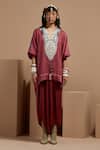 ASEEM KAPOOR_Pink Silk Beads V-neck Old Rose Tribal Tassel Kurta Set _Online_at_Aza_Fashions