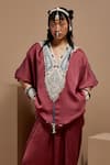 ASEEM KAPOOR_Pink Silk Beads V-neck Old Rose Tribal Tassel Kurta Set _at_Aza_Fashions