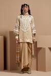 Shop_ASEEM KAPOOR_Cream Silk, Crepe, Organza Tassels Round Neck Ecru Tribal Kurta Set _Online_at_Aza_Fashions