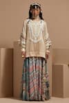 ASEEM KAPOOR_Cream Silk, Crepe Tassels, Embroidery Round Neck Tribal Detail Kurta Set _Online_at_Aza_Fashions