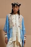 Shop_ASEEM KAPOOR_Blue Silk, Crepe Tassels Round Neck Aasmani Mogra Jacket Kurta Set 