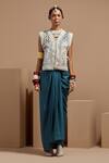ASEEM KAPOOR_Teal Silk, Muslin, Crepe Embroidery, Beads V-neck Dull Gilet Set _Online_at_Aza_Fashions