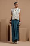 Buy_ASEEM KAPOOR_Teal Silk, Muslin, Crepe Embroidery, Beads V-neck Dull Gilet Set _at_Aza_Fashions