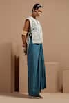 Buy_ASEEM KAPOOR_Teal Silk, Muslin, Crepe Embroidery, Beads V-neck Dull Gilet Set _Online_at_Aza_Fashions