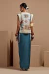 Shop_ASEEM KAPOOR_Teal Silk, Muslin, Crepe Embroidery, Beads V-neck Dull Gilet Set _at_Aza_Fashions
