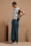 Shop_ASEEM KAPOOR_Teal Silk, Muslin, Crepe Embroidery, Beads V-neck Dull Gilet Set _Online_at_Aza_Fashions