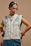 ASEEM KAPOOR_Teal Silk, Muslin, Crepe Embroidery, Beads V-neck Dull Gilet Set _at_Aza_Fashions