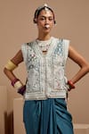 Buy_ASEEM KAPOOR_Teal Silk, Muslin, Crepe Embroidery, Beads V-neck Dull Gilet Set 