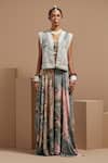 Buy_ASEEM KAPOOR_Multi Color Twill, Cotton, Crepe Embroidery, Beads Round Neck Resham Gilet Set _at_Aza_Fashions