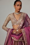 Vvani by Vani Vats_Beige Organza, Georgette Gota Patti V-neck Mud Mauve Multicolor Lehenga Set _at_Aza_Fashions