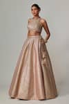 Buy_Vvani by Vani Vats_Beige Georgette Gota Patti Round Neck Deep Multicolor Lehenga Set _at_Aza_Fashions