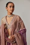 Vvani by Vani Vats_Beige Organza, Georgette Sequins, Gota Patti V-neck Mud Mauve Chita Lehenga Set _at_Aza_Fashions