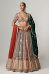 Vvani by Vani Vats_Multi Color Georgette, Organza Cranberry Multicolor Linear Flower Lehenga Set _Online_at_Aza_Fashions