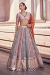 Shop_Vvani by Vani Vats_Multi Color Georgette, Organza Cranberry Multicolor Linear Flower Lehenga Set _Online_at_Aza_Fashions