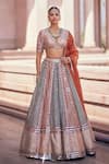 Vvani by Vani Vats_Multi Color Georgette, Organza Cranberry Multicolor Linear Flower Lehenga Set _at_Aza_Fashions