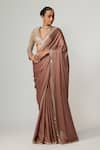 Buy_Vvani by Vani Vats_Beige Satin, Georgette Gota Patti V-neck Deep Saree Set _Online_at_Aza_Fashions