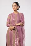 Vvani by Vani Vats_Multi Color Georgette, Net Gota Patti, Mirrors Round Neck Mud Mauve Kurta Set _Online_at_Aza_Fashions