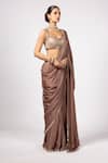 Vvani by Vani Vats_Beige Satin, Georgette Gota Patti Square Neck Deep Saree And Blouse Set _Online_at_Aza_Fashions