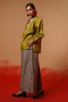 Shop_Stoique_Green Silk Embroidery Mandarin Collar Mysore Shirt _Online_at_Aza_Fashions
