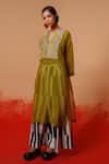 Stoique_Green Cotton, Chanderi Embroidery V-neck Moss Designer Kurta _Online_at_Aza_Fashions