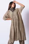 Stoique_Gray Muslin, Silk Embroidery V-neck Designer Grey Mysore Kurta _at_Aza_Fashions