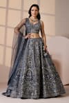 Buy_Chaashni by Maansi and Ketan_Blue Silk, Net Stones, Pearls, Mirrors V-neck Classic Embroidered Lehenga Set _at_Aza_Fashions