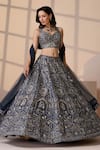 Shop_Chaashni by Maansi and Ketan_Blue Silk, Net Stones, Pearls, Mirrors V-neck Classic Embroidered Lehenga Set _Online_at_Aza_Fashions