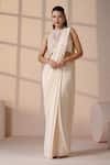 Buy_Chaashni by Maansi and Ketan_Ivory Georgette, Net Pearls, Beads, Sequins Halter Designer Pre-draped Saree Set _at_Aza_Fashions