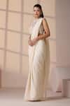 Buy_Chaashni by Maansi and Ketan_Ivory Georgette, Net Pearls, Beads, Sequins Halter Designer Pre-draped Saree Set _Online_at_Aza_Fashions