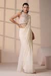 Shop_Chaashni by Maansi and Ketan_Ivory Georgette, Net Pearls, Beads, Sequins Halter Designer Pre-draped Saree Set _Online_at_Aza_Fashions