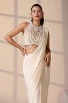 Chaashni by Maansi and Ketan_Ivory Georgette, Net Pearls, Beads, Sequins Halter Designer Pre-draped Saree Set _at_Aza_Fashions