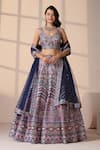 Buy_Chaashni by Maansi and Ketan_Blue Silk, Net Smocking, Embroidery V-neck Lehenga Set _at_Aza_Fashions