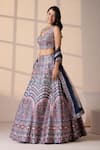 Shop_Chaashni by Maansi and Ketan_Blue Silk, Net Smocking, Embroidery V-neck Lehenga Set _Online_at_Aza_Fashions