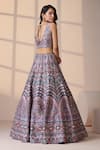 Chaashni by Maansi and Ketan_Blue Silk, Net Smocking, Embroidery V-neck Lehenga Set _Online_at_Aza_Fashions