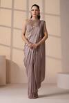 Buy_Chaashni by Maansi and Ketan_Rose Gold Net, Satin Pearls, Champagne Pre-draped Designer Saree With Blouse _at_Aza_Fashions