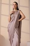 Buy_Chaashni by Maansi and Ketan_Rose Gold Net, Satin Pearls, Champagne Pre-draped Designer Saree With Blouse _Online_at_Aza_Fashions