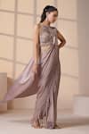 Shop_Chaashni by Maansi and Ketan_Rose Gold Net, Satin Pearls, Champagne Pre-draped Designer Saree With Blouse _Online_at_Aza_Fashions