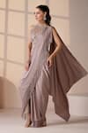 Chaashni by Maansi and Ketan_Rose Gold Net, Satin Pearls, Champagne Pre-draped Designer Saree With Blouse _at_Aza_Fashions