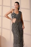 Buy_Chaashni by Maansi and Ketan_Green Net Beads, Sequins, Crystals, Cut Work Designer Pre-draped Saree Set _Online_at_Aza_Fashions
