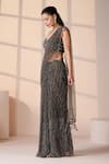 Chaashni by Maansi and Ketan_Green Net Beads, Sequins, Crystals, Cut Work Designer Pre-draped Saree Set _at_Aza_Fashions